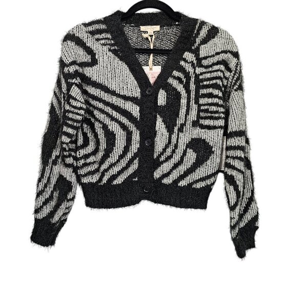 Jessica Simpson Eyelash Knit New Black & Gray V Neck Button Up Cardigan Sweater - Picture 1 of 10